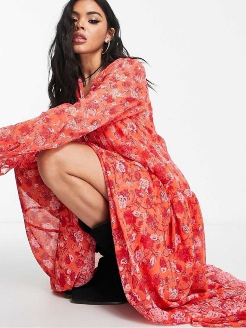 Free People Coral Floral Sheer Tiered Maxi Dress - Picture 12 of 16